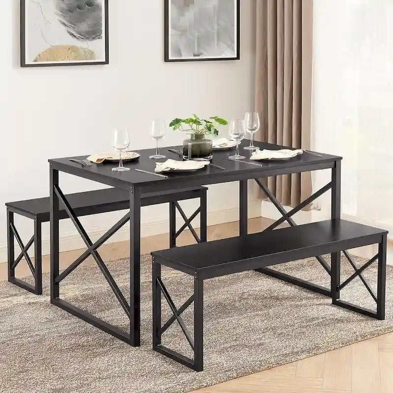 VECELO Tavolo da Pranzo 3 Pezzi con Panca, Set Tavolo da Pranzo per 4-6 Posti, Tavolo da Cucina con 2 Panche, Set Tavolo da Pranzo 21