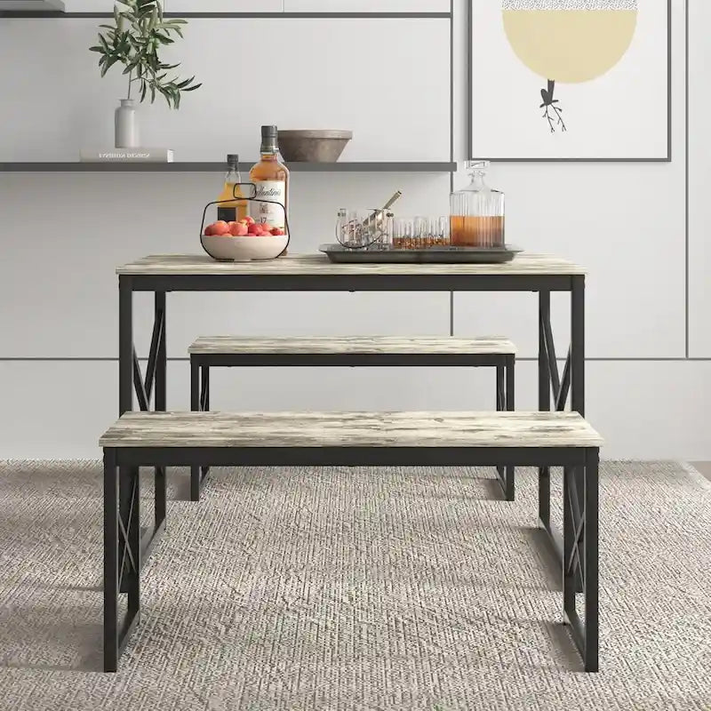 VECELO Tavolo da Pranzo 3 Pezzi con Panca, Set Tavolo da Pranzo per 4-6 Posti, Tavolo da Cucina con 2 Panche, Set Tavolo da Pranzo 17