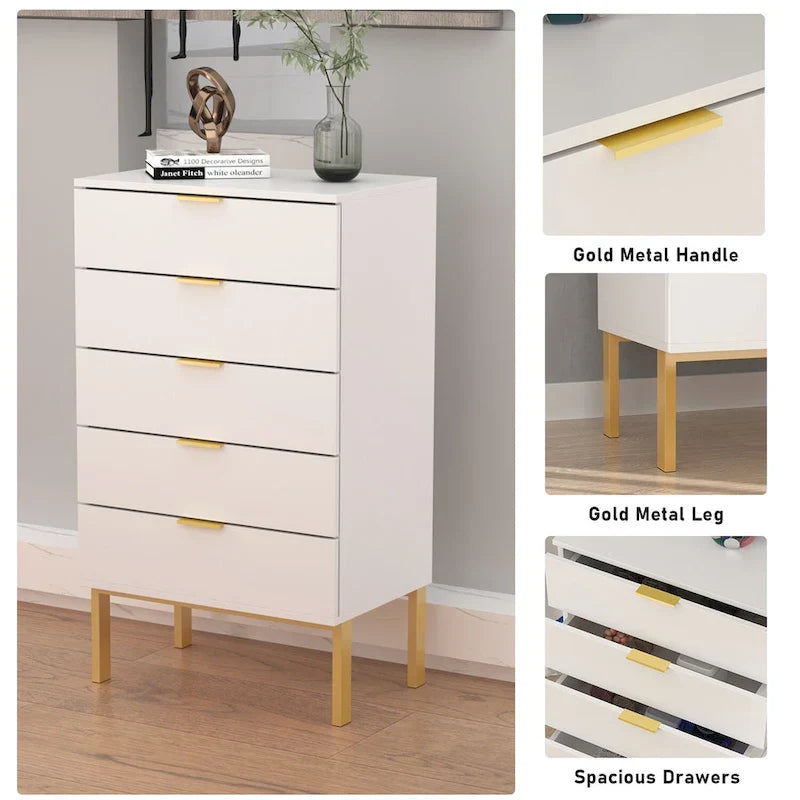 5 Drawer Dresser Chest End Table Storage Cabinet 23.6 W White/Back 20