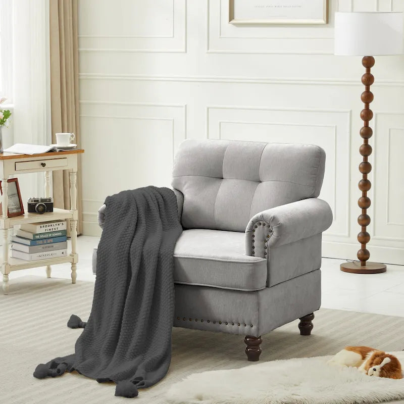 Set of 3 Chenille Sofa Set for Living Room, Button-Tufted & Nailhead Upholstery, Solid Rubberwood Legs 31