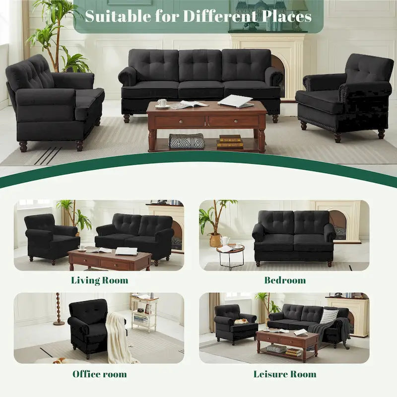 Set of 3 Chenille Sofa Set for Living Room, Button-Tufted & Nailhead Upholstery, Solid Rubberwood Legs 25