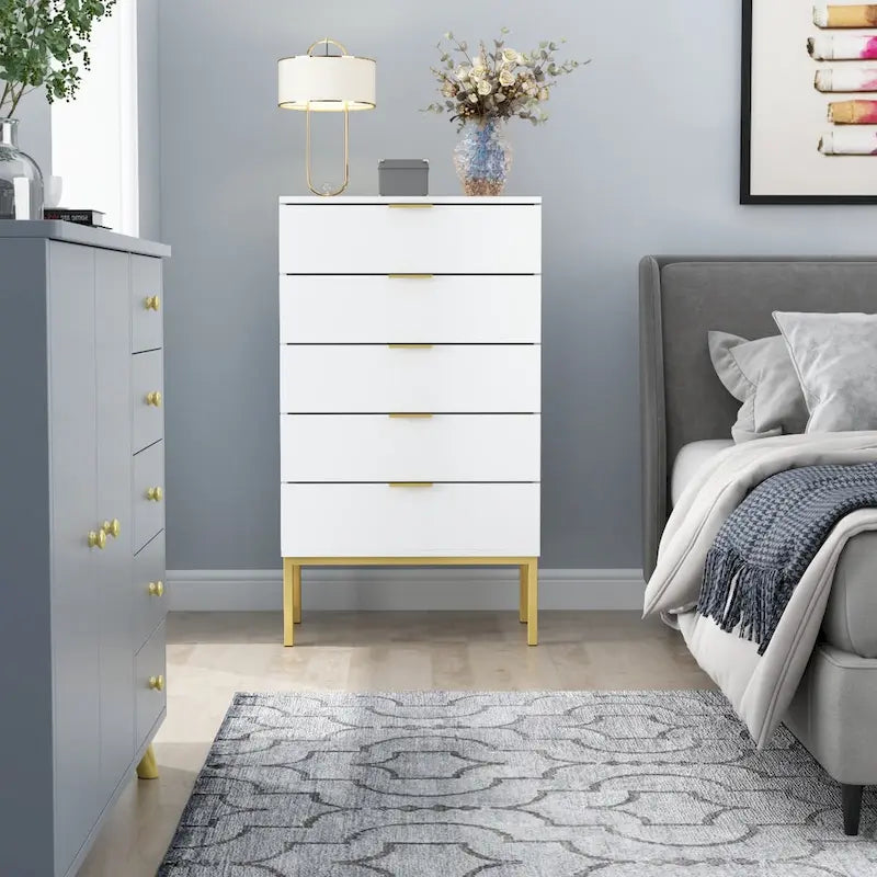 5 Drawer Dresser Chest End Table Storage Cabinet 23.6 W White/Back 7
