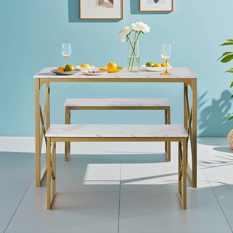 VECELO Tavolo da Pranzo 3 Pezzi con Panca, Set Tavolo da Pranzo per 4-6 Posti, Tavolo da Cucina con 2 Panche, Set Tavolo da Pranzo 36