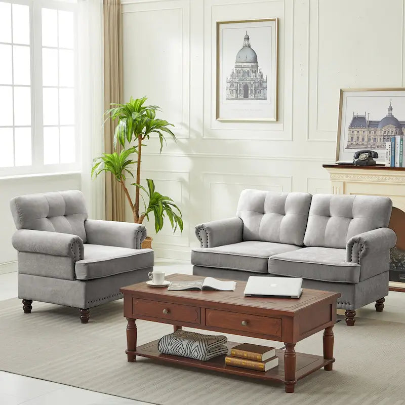Set of 3 Chenille Sofa Set for Living Room, Button-Tufted & Nailhead Upholstery, Solid Rubberwood Legs 30