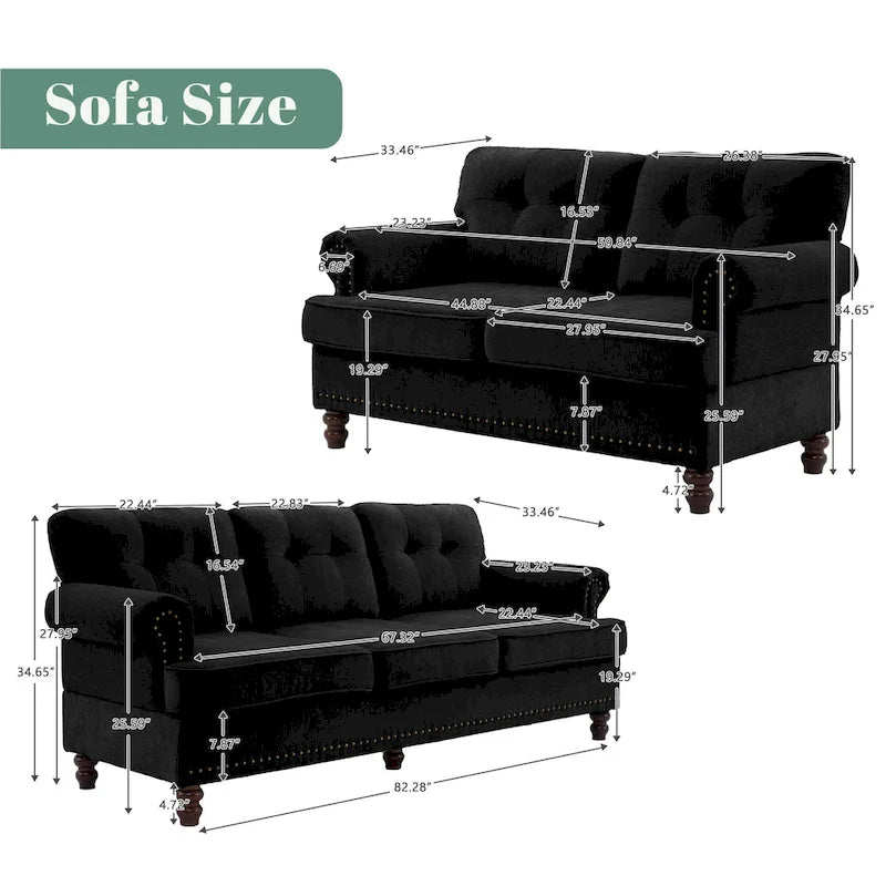 Set of 3 Chenille Sofa Set for Living Room, Button-Tufted & Nailhead Upholstery, Solid Rubberwood Legs 41