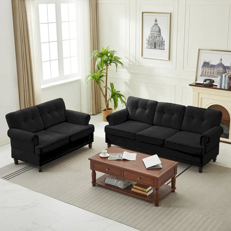 Set of 3 Chenille Sofa Set for Living Room, Button-Tufted & Nailhead Upholstery, Solid Rubberwood Legs 38