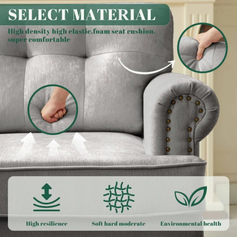 Set of 3 Chenille Sofa Set for Living Room, Button-Tufted & Nailhead Upholstery, Solid Rubberwood Legs 33