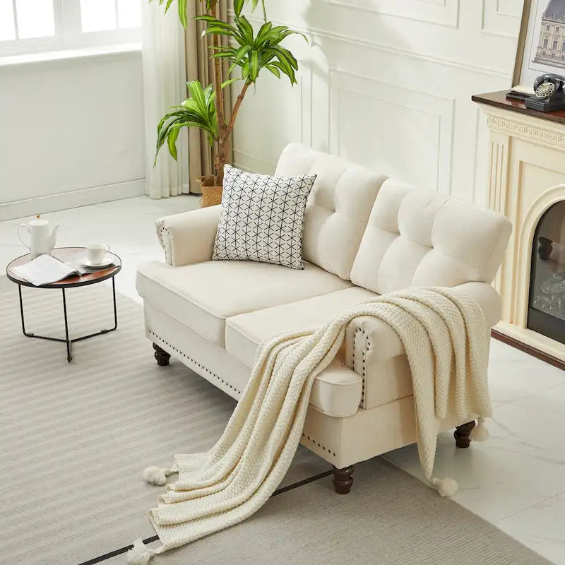Set of 3 Chenille Sofa Set for Living Room, Button-Tufted & Nailhead Upholstery, Solid Rubberwood Legs 27