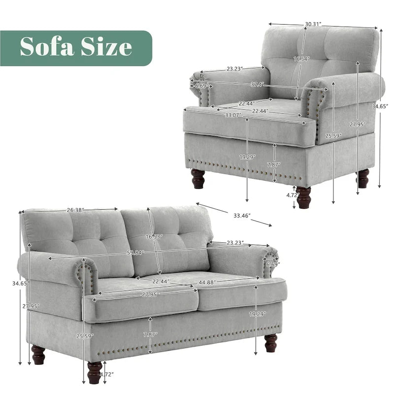 Set of 3 Chenille Sofa Set for Living Room, Button-Tufted & Nailhead Upholstery, Solid Rubberwood Legs 35