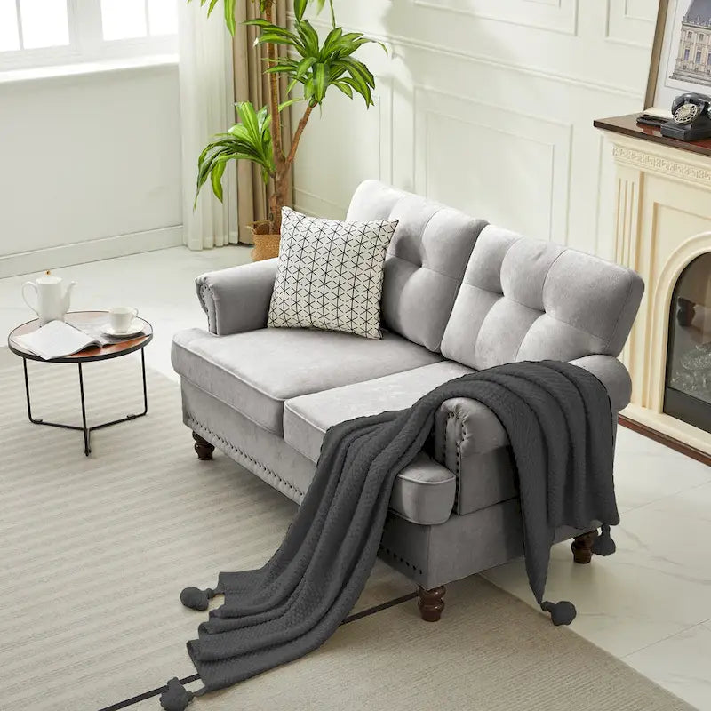 Set of 3 Chenille Sofa Set for Living Room, Button-Tufted & Nailhead Upholstery, Solid Rubberwood Legs 32