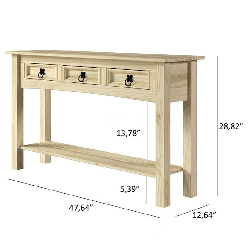 Rustic Solid Pine Console Hall Table, White Wash / Antique Brown / Gray Wash / Unpainted, 3 Drawers 31