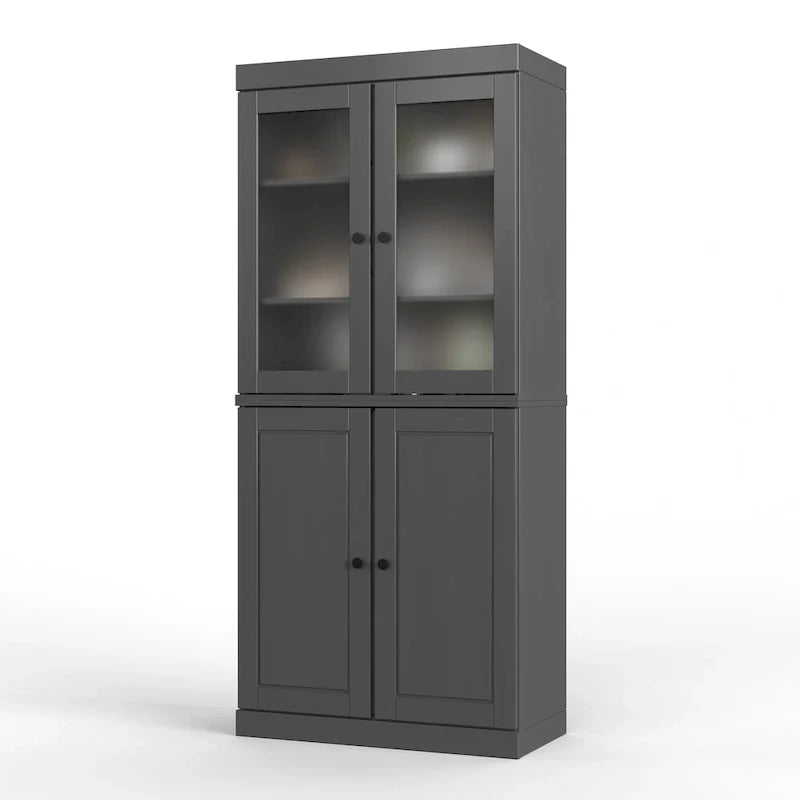 100% Solid Wood Pantry Cabinet with Frosted Glass Doors, Solid Doors, 2-Drawers and Adjustable Shelves 27