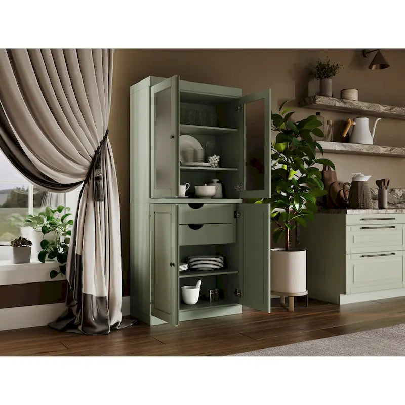 100% Solid Wood Pantry Cabinet with Frosted Glass Doors, Solid Doors, 2-Drawers and Adjustable Shelves 20