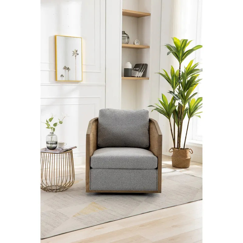 Poltrona a botte girevole, comoda poltrona rotonda d'accento, poltrona club a botte girevole a 360 gradi, poltrona relax con struttura in rattan intrecciato 17