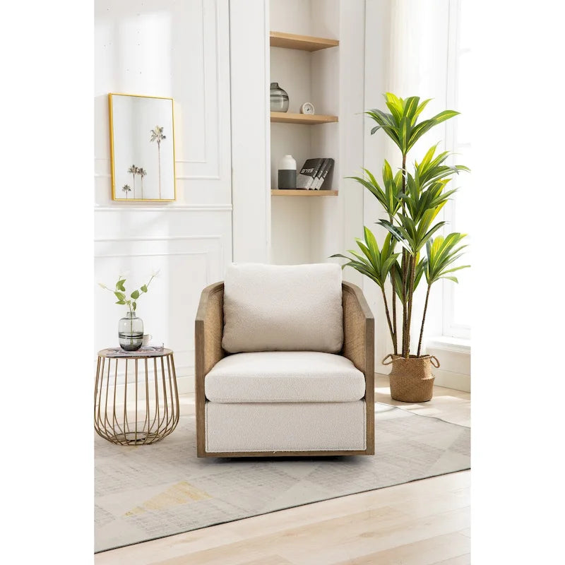 Poltrona a botte girevole, comoda poltrona rotonda d'accento, poltrona club a botte girevole a 360 gradi, poltrona relax con struttura in rattan intrecciato 3