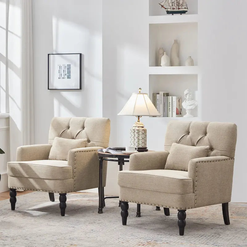 Set of 2 Arm Chair Upholstered Button Tufted Accent Chair with Lumbar Pillow Beige/ Grey/ Light Blue 32