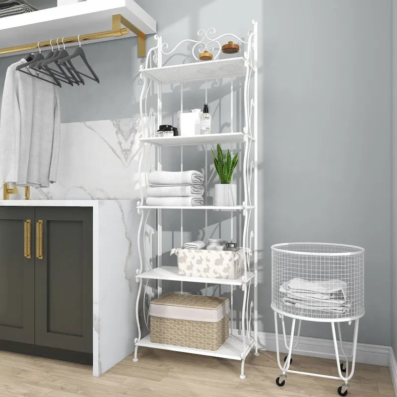 Metal Scroll Indoor Outdoor Tall Folding 5 Shelves Bakers Rack - Gold or White - Roche River Decor 25