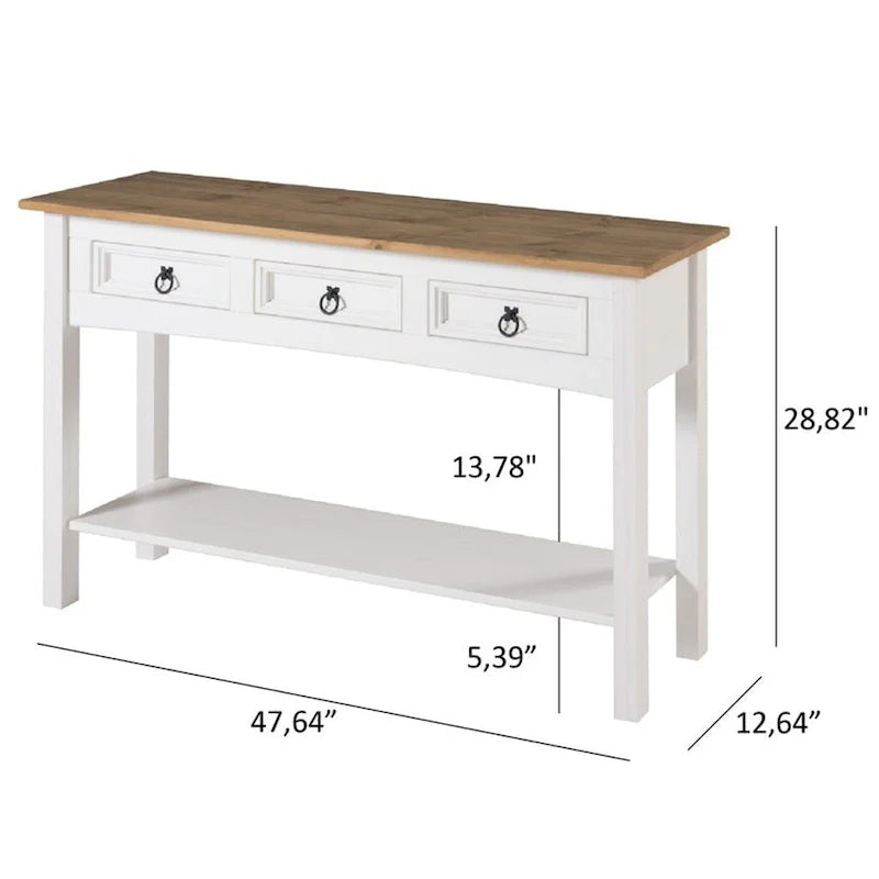 Rustic Solid Pine Console Hall Table, White Wash / Antique Brown / Gray Wash / Unpainted, 3 Drawers 22