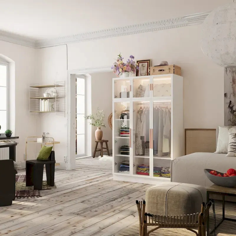 47.2 Wide Armoire LED Light All Glass Door Closet Cabinet Wardrobe 17
