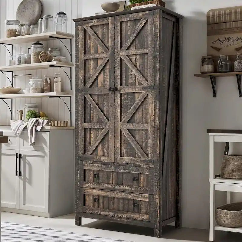 64 Farmhouse Tall Kitchen Pantry Storage Cabinet with 2 Drawers & Doors 4
