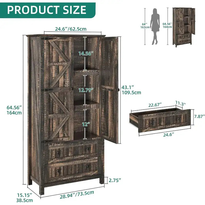 64 Farmhouse Tall Kitchen Pantry Storage Cabinet with 2 Drawers & Doors 28