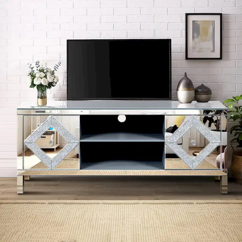 59 TV Stand with Diamond-Shaped Mirror Doors and Storage for TVs Up to 65 6