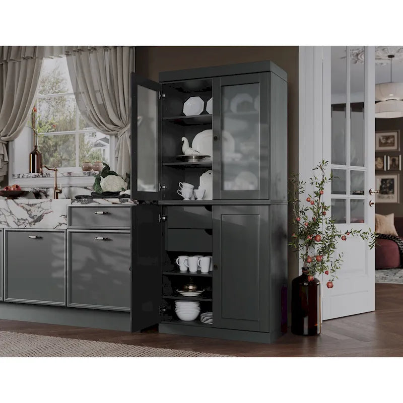 100% Solid Wood Pantry Cabinet with Frosted Glass Doors, Solid Doors, 2-Drawers and Adjustable Shelves 25