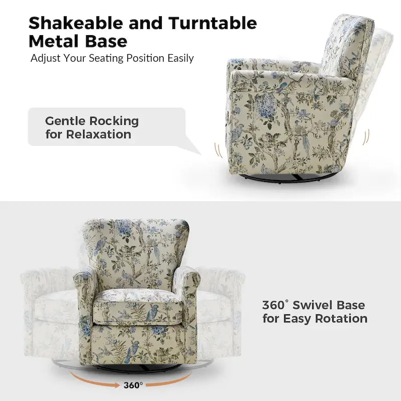 Georg Comfortable Floral Fabric Swivel Rocker Chair with Rolled Armrest by HULALA HOME 14