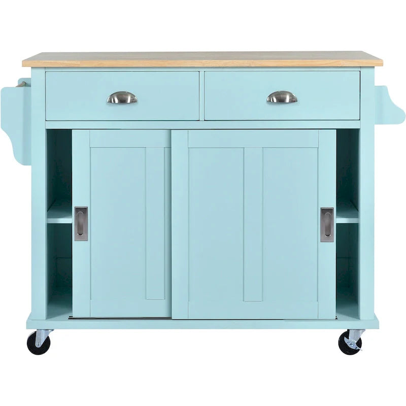 Kitchen Cart with Rubber wood Drop-Leaf Countertop, Concealed sliding barn door adjustable height,Kitchen Island on 4 Wheels 10