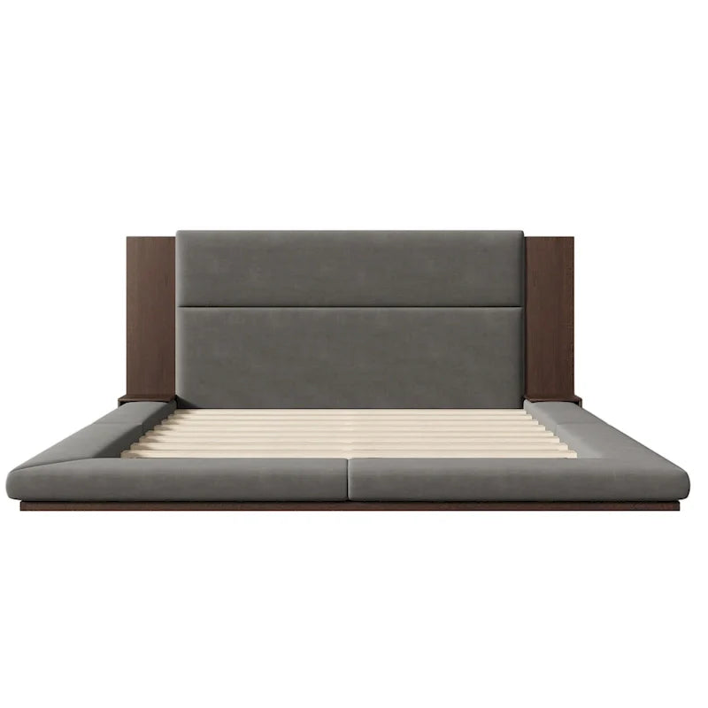 King Gray Floor Upholstered Bed Low Profile Platform Bed w/ Extended Wood Headboard, Built-in Nightstand Shelves 7