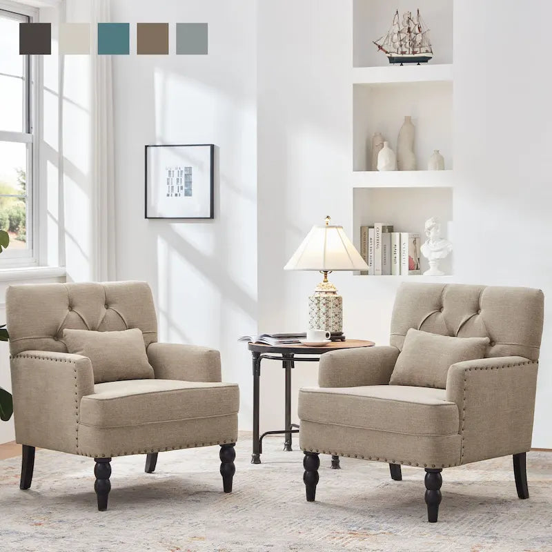 Set of 2 Arm Chair Upholstered Button Tufted Accent Chair with Lumbar Pillow Beige/ Grey/ Light Blue 13