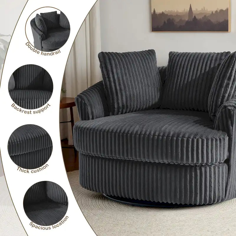 Oversized 43 W Plush Corduroy Recessed Arm Swivel Barrel Chair 27