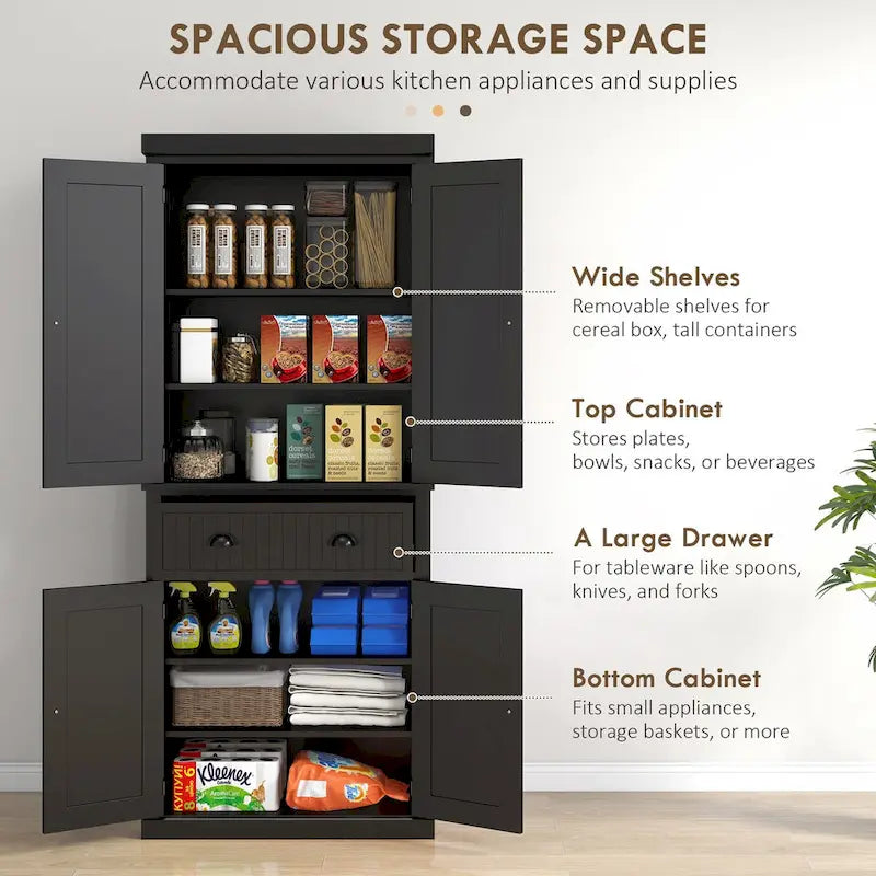 72 Kitchen Pantry Storage Cabinet, Traditional Freestanding Cabinet with 4 Doors and 3 Adjustable Shelves, Large Central Drawer 25