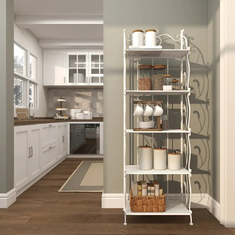 Metal Scroll Indoor Outdoor Tall Folding 5 Shelves Bakers Rack - Gold or White - Roche River Decor 30