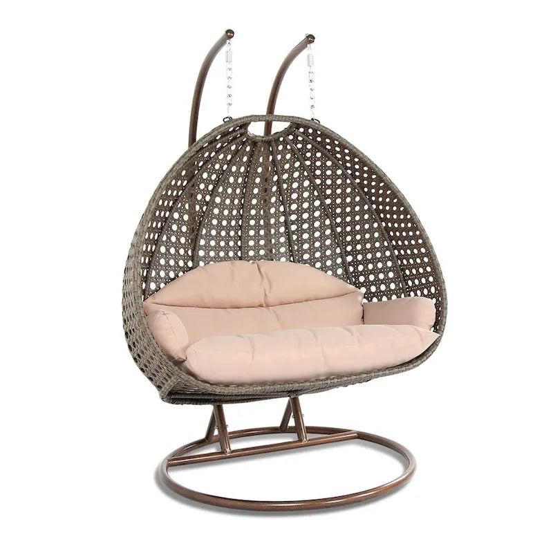LeisureMod 2 Person Hanging Egg Chair with Stand - Outdoor/Indoor Rattan Wicker Patio Swing Hammock Lounger with Cushions 9