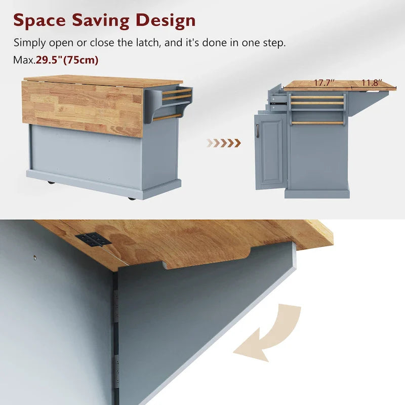 54  Large Kitchen Island with Rubber Wood Drop Leaf, Embossed Texture Rolling Kitchen Cart on 4 Wheels with 4 Doors & 3 Drawers 32