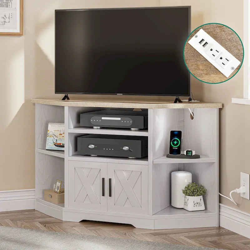 Farmhouse Corner TV Stand Entertainment Center Media Console for TVs up to 55 with Power Outlet 52
