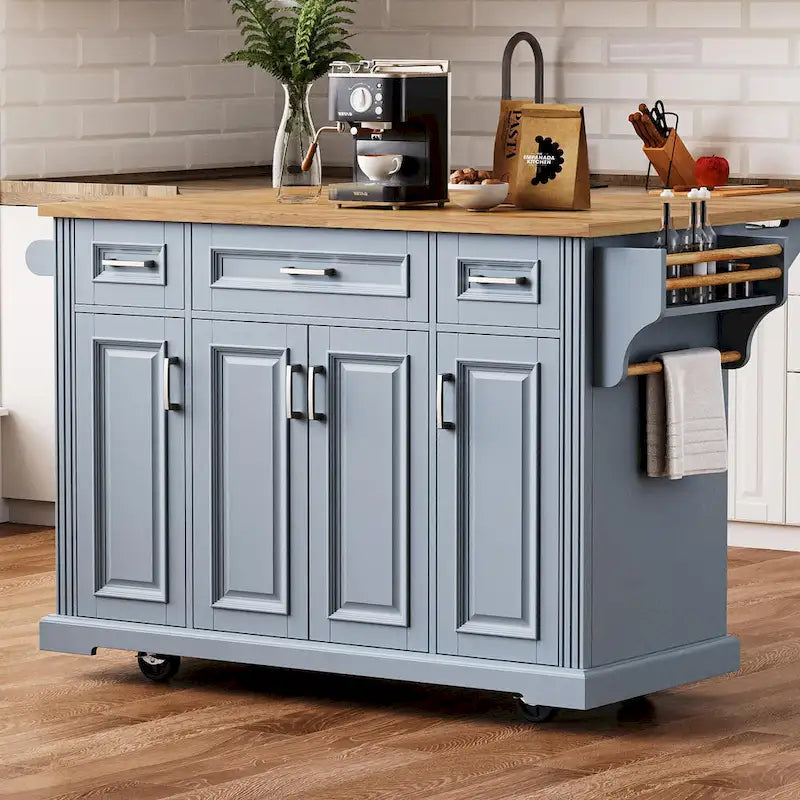 54  Large Kitchen Island with Rubber Wood Drop Leaf, Embossed Texture Rolling Kitchen Cart on 4 Wheels with 4 Doors & 3 Drawers 27