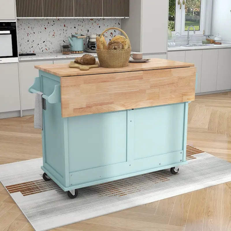 Kitchen Cart with Rubber wood Drop-Leaf Countertop, Concealed sliding barn door adjustable height,Kitchen Island on 4 Wheels 8
