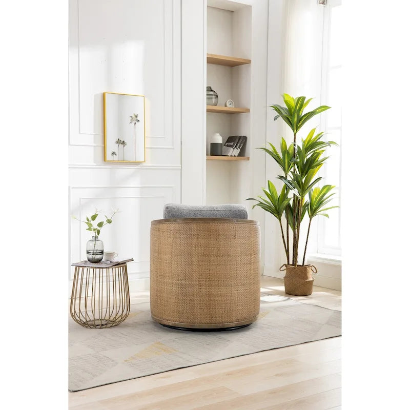 Poltrona a botte girevole, comoda poltrona rotonda d'accento, poltrona club a botte girevole a 360 gradi, poltrona relax con struttura in rattan intrecciato 16