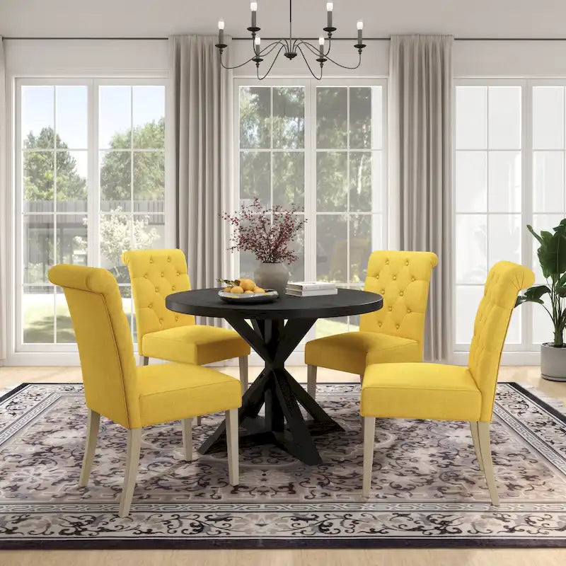 5 Piece Dining Table Set, Wooden Kitchen Furniture Set, Round Table with Cross-Buck Pedestal Base and 4 Tufted Chairs 12