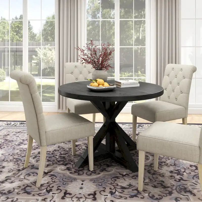 5 Piece Dining Table Set, Wooden Kitchen Furniture Set, Round Table with Cross-Buck Pedestal Base and 4 Tufted Chairs 7