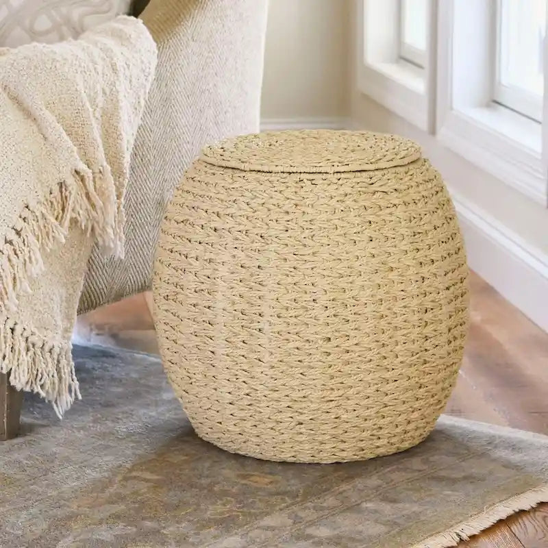 Household Essentials Handwoven Barrel Wicker Storage Basket Side Table - 17.0L x 17.0W x 19.0H 21