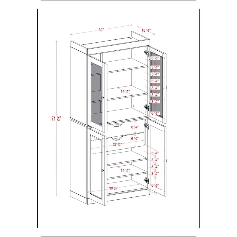 100% Solid Wood Pantry Cabinet with Frosted Glass Doors, Solid Doors, 2-Drawers and Adjustable Shelves 9