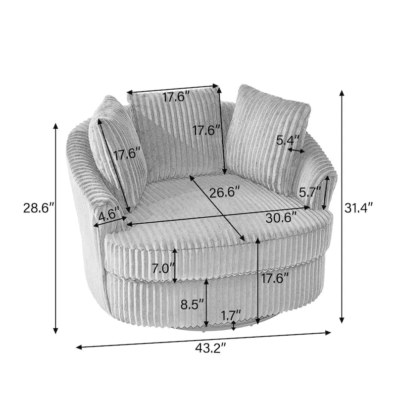 Oversized 43 W Plush Corduroy Recessed Arm Swivel Barrel Chair 12