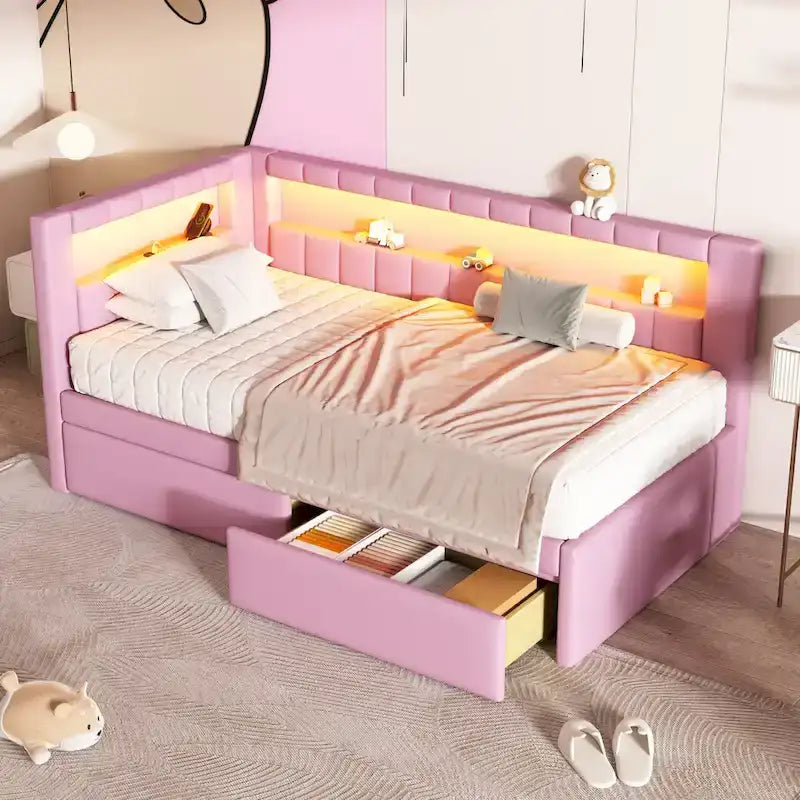 Upholstered Platform Bed with USB Ports & LED Lighting - Full/Twin Size Bed Frame with 2 Storage Drawers - Modern Bedroom 18