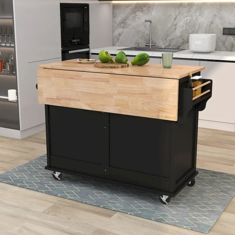 Kitchen Cart with Rubber wood Drop-Leaf Countertop, Concealed sliding barn door adjustable height,Kitchen Island on 4 Wheels 4
