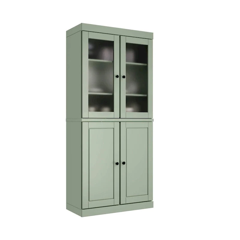 100% Solid Wood Pantry Cabinet with Frosted Glass Doors, Solid Doors, 2-Drawers and Adjustable Shelves 22