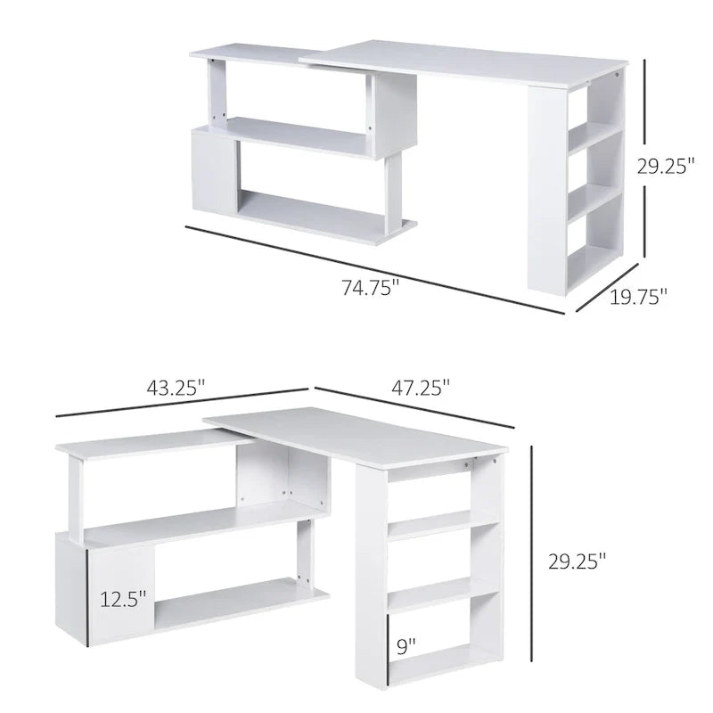 HOMCOM 360 Rotating L-Shaped Corner Desk: White, with Storage Shelves 4