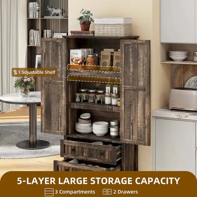 64 Farmhouse Tall Kitchen Pantry Storage Cabinet with 2 Drawers & Doors 7